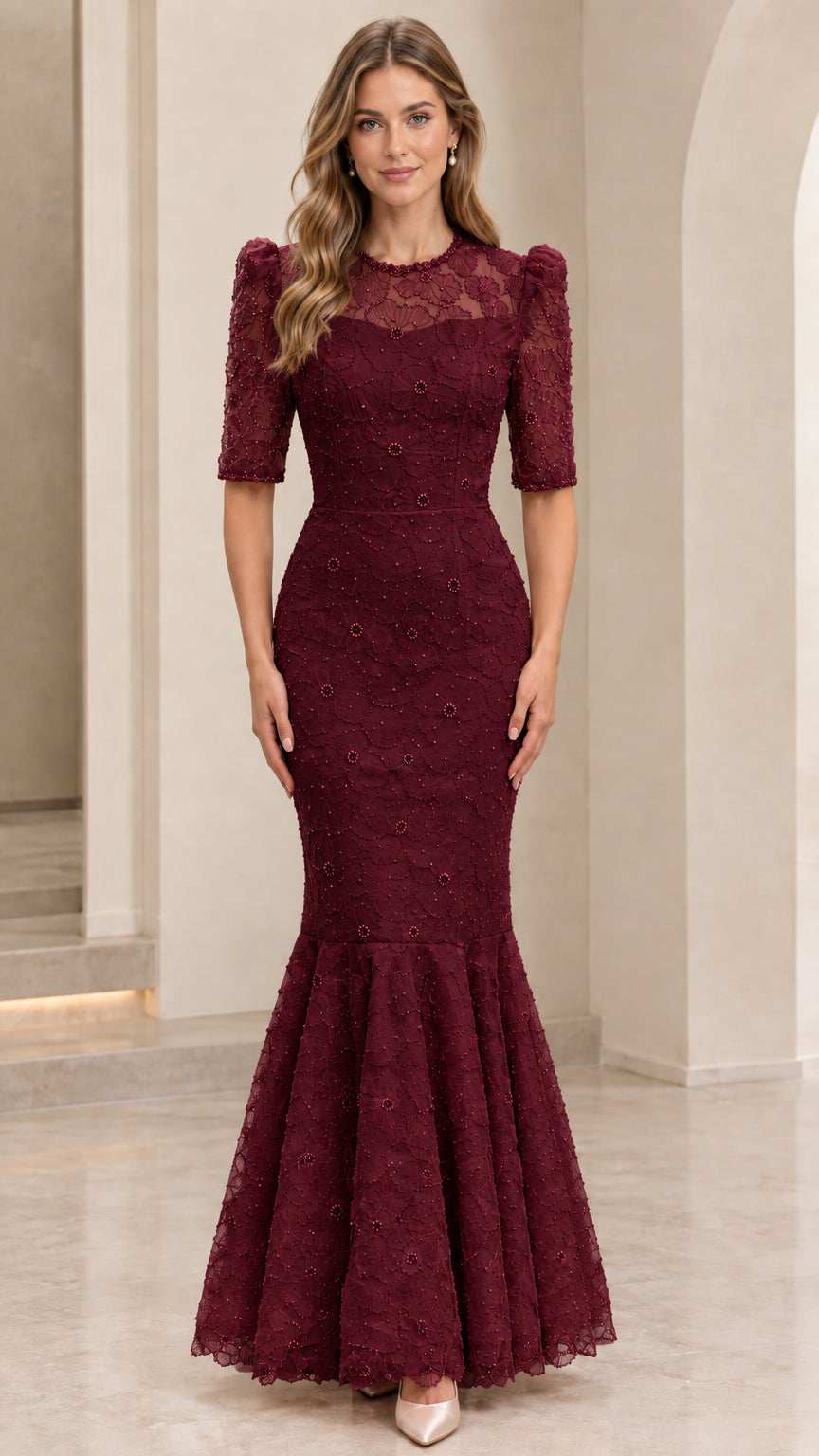 Front view of model wearing burgundy red lace mermaid evening dress