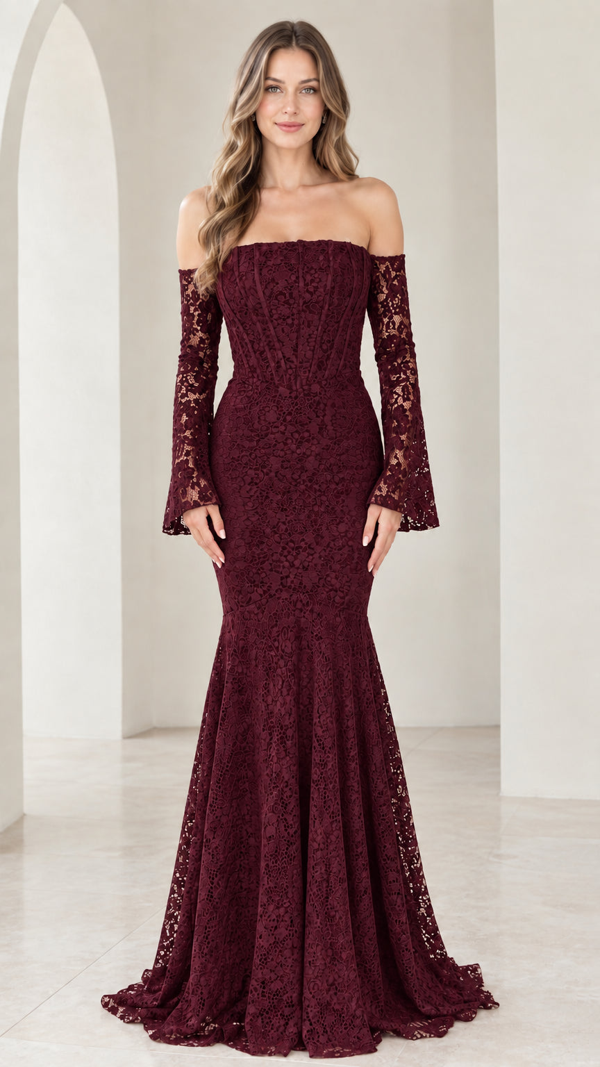 Burgundy wine off-the-shoulder corset lace mermaid evening gown