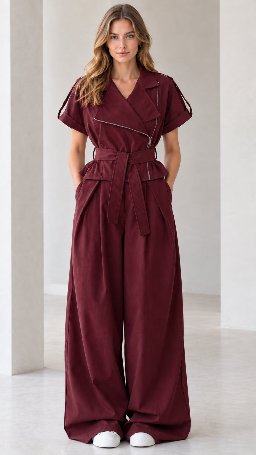 Front view of burgundy wine asymmetrical zip wide leg jumpsuit