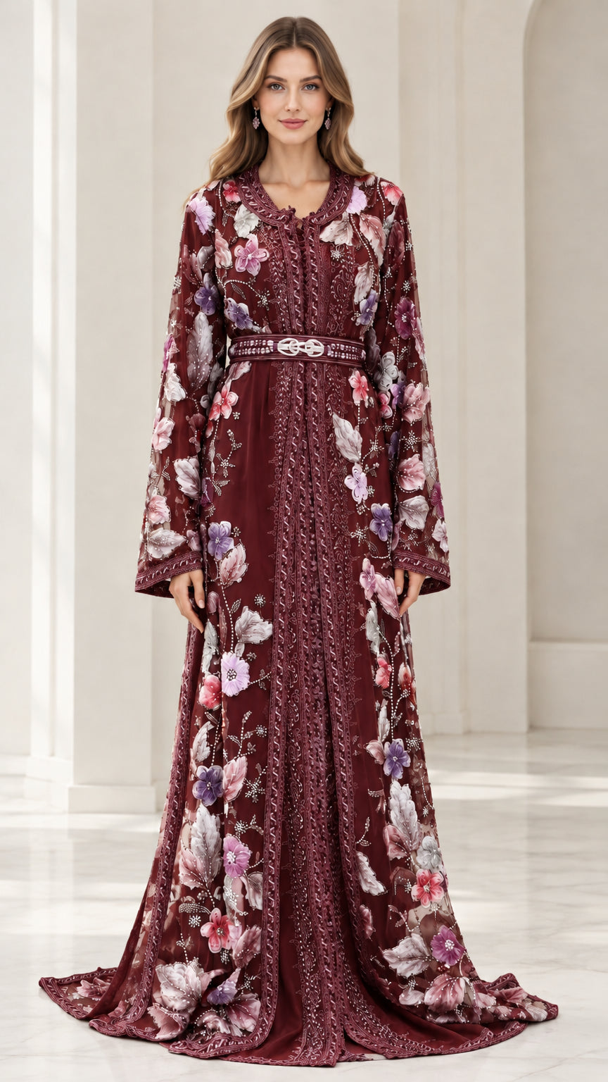 Full-length front view of burgundy red floral embroidered caftan formal dress with belt