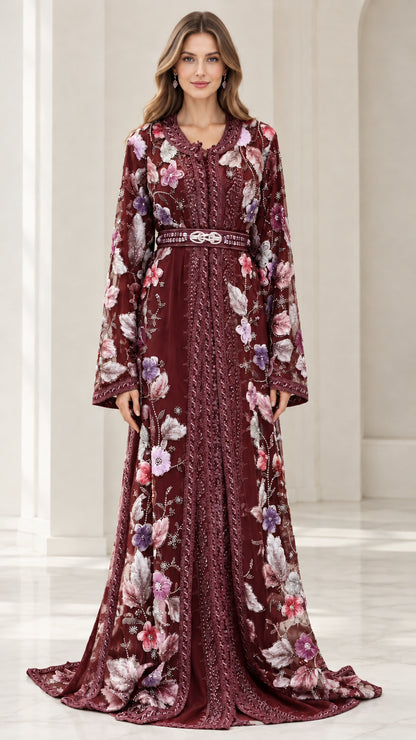 Full-length front view of burgundy red floral embroidered caftan formal dress with belt
