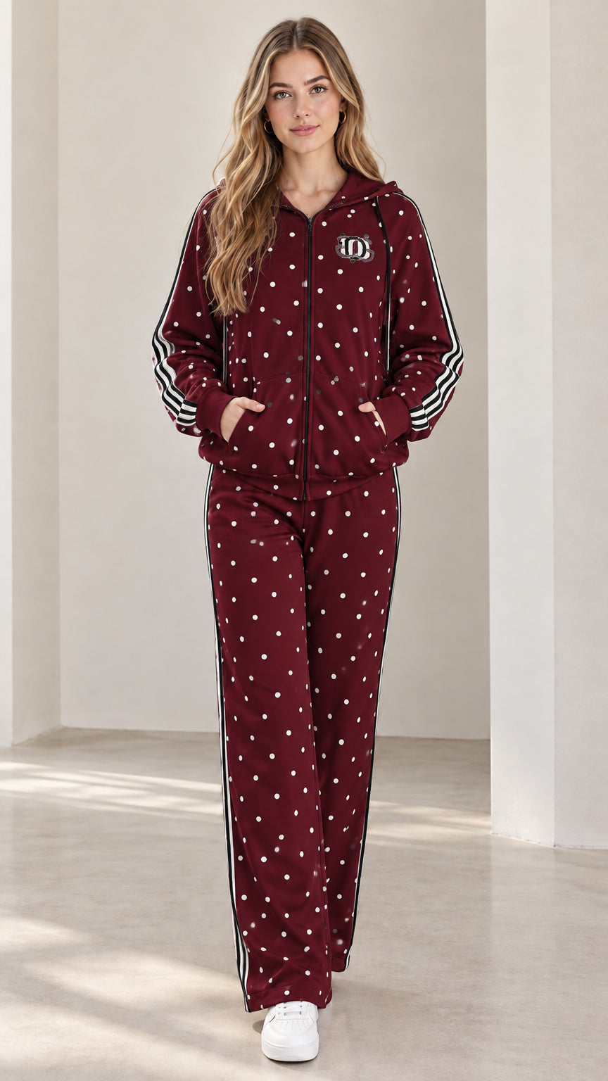 Model wearing burgundy red polka dot two-piece track set with white side stripes