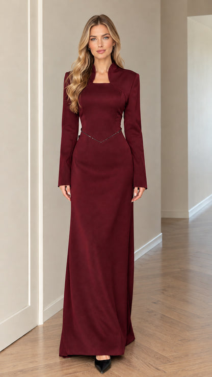 Front full-length view of model wearing Burgundy long sleeve evening gown