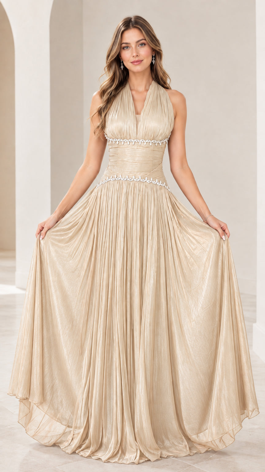 Champagne gold pleated halter neck evening gown front view