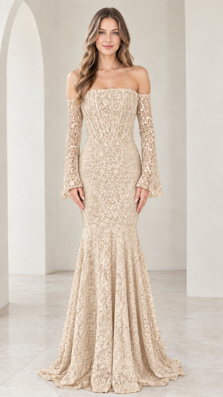 Champagne beige off-the-shoulder floral lace mermaid evening dress