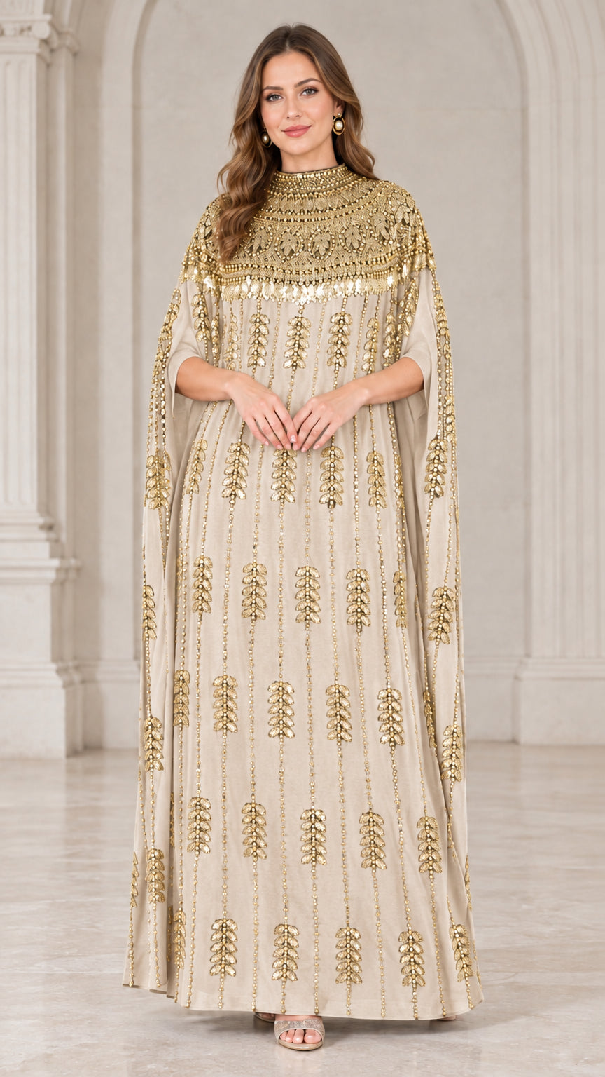Champagne beige embellished kaftan maxi dress with gold sequin patterns
