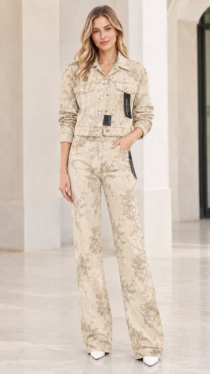 Model wearing beige khaki floral embossed denim cropped jacket and pants set