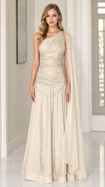 Front view of model wearing Champagne one-shoulder beaded chiffon evening gown