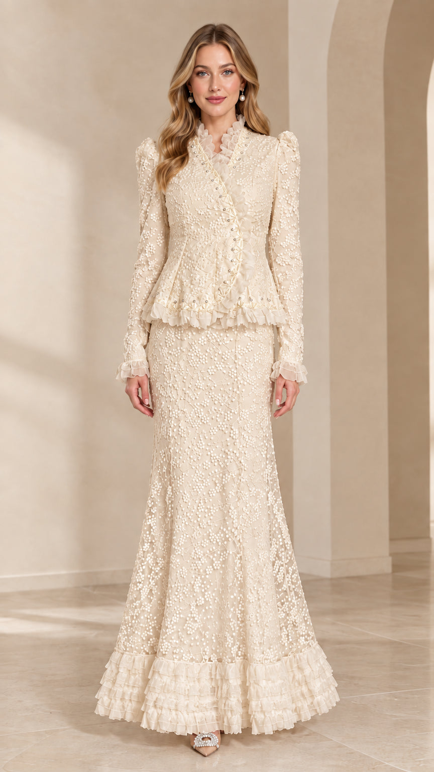 Champagne beige floral lace peplum top and mermaid skirt set