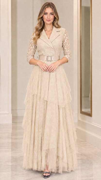 Model wearing champagne beige lapel lace tiered maxi evening dress with belt
